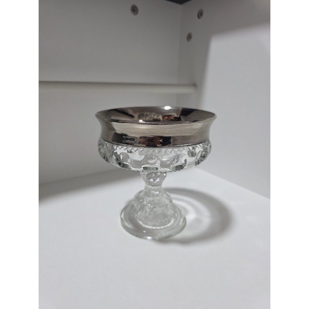 Vintage‎ Pressed Glass Compote Dish Silver Rim Pedestal Candy Bowl 5" Elegant